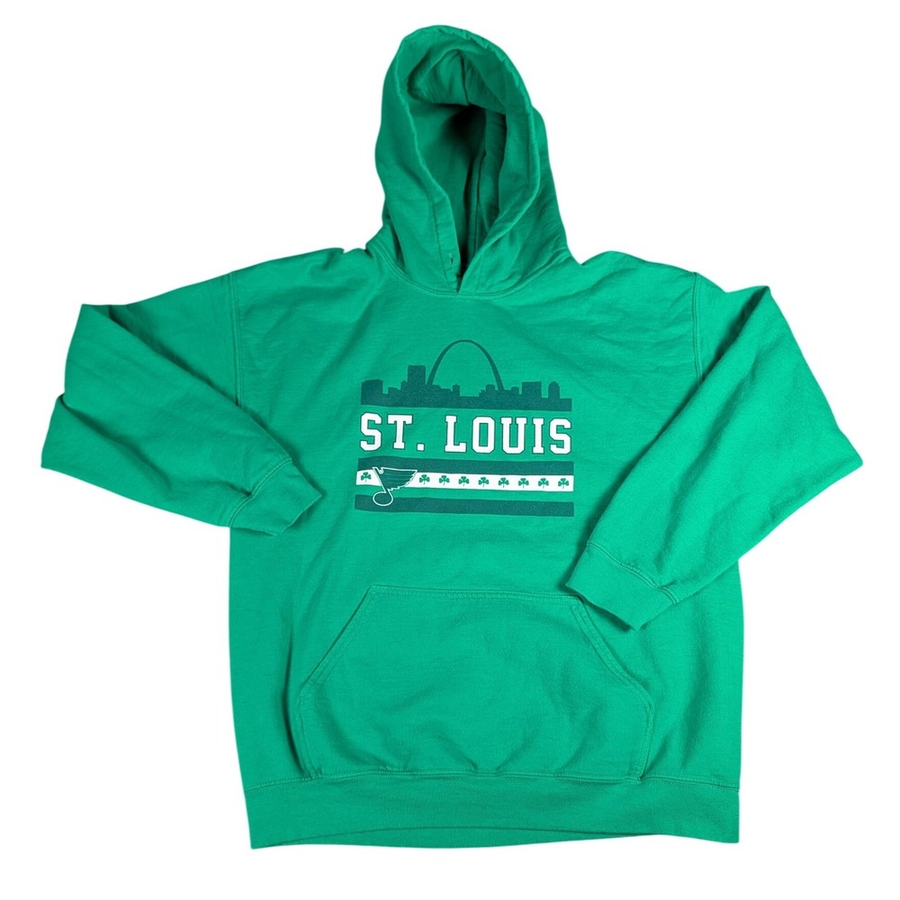 Gildan St. Louis Blues Skyline Shamrock Green Hoodie Heavy Blend Pullover